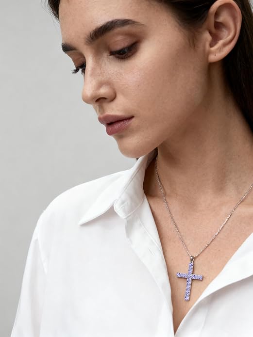 925 Sterling Silver Cross Necklace for Women Men Christian Jesus Faith Birthstone Cross Crucifix Pendant Necklaces