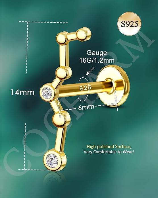 COCHARM 925 Sterling Silver Cartilage Helix Earring Stud 16g 6mm 8mm Flat Back Helix Piercing Jewelry Constellation Cartilage Jewelry for Women Man