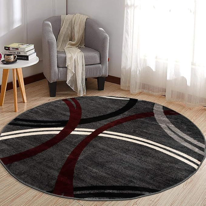 Rugshop Wavy Circles Modern Non-Shedding Living Room Round Rug Red 8'