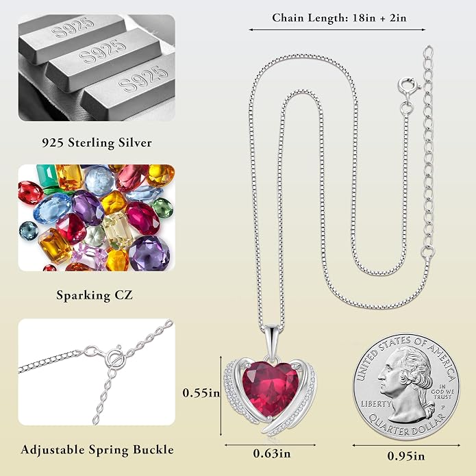 Birthstone Heart Necklace for Women, Infinity Love Heart Birthstone Crystal Charm, 925 Sterling Silver Zirconia Necklace for Mother's Day for your mother and jewelry for your beloved ones on anniversaries