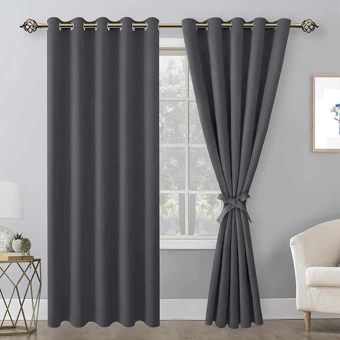 Hiasan Blackout Curtains for Bedroom, 60 x 84 Inches Long - Thermal Insulated & Light Blocking Window Curtains for Living Room, 2 Drape Panels Sewn with Tiebacks, Dark Grey