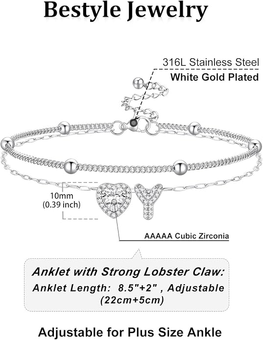 Bestyle Initial Anklet Bracelets for Women Waterproof Non Tarnish 14K Gold/White Gold Plated CZ Anklets for Women Dainty Layered Letter Heart Ankle Bracelets Adjustable Foot Chain Anklet