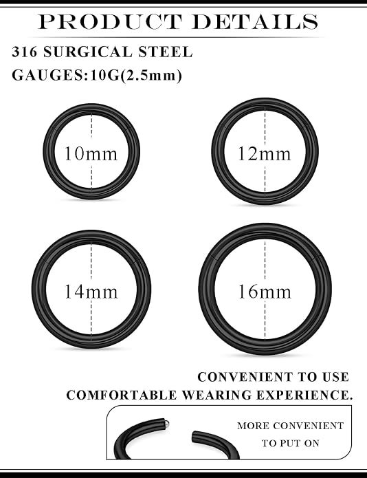 20G 18G 16G 14G 12G 10G 8G 6G Nose Rings Hoops 316l Surgical Steel Clicker Septum Lip Ring Tragus Helix Daith Rook Conch Snug Cartilage Lobe Earrings Hoop Piercing Jewelry For Women Men