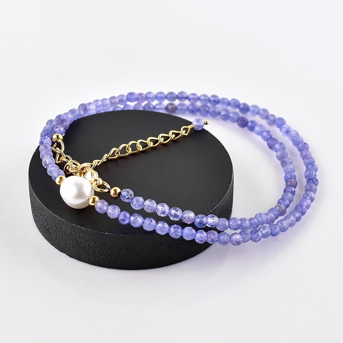 InfinityGemsArt Gemstone Gold Necklace For Women, Birthstone Natural Crystal Stone With Freshwater Pearl Beaded Jewelry, Gold Plated 18 Inch Chain