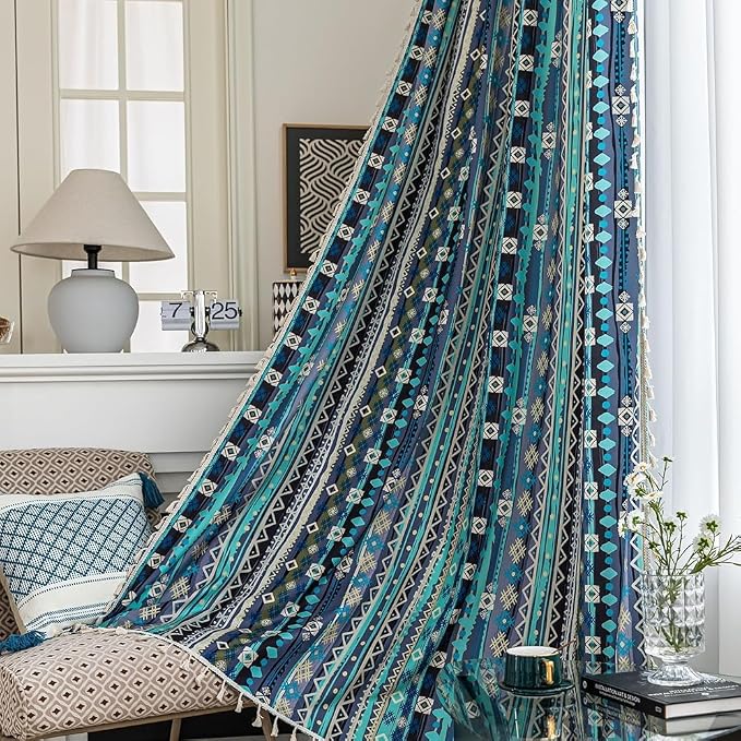 Navy Blue Geometric Curtains 63 Inches Long, Boho Farmhouse Light Filtering Rod Pocket Drapes with Tassel Trim for Bedroom Living Room, 2 Panels