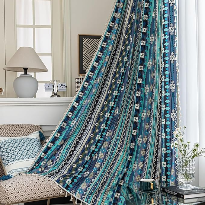 Navy Blue Geometric Curtains 102 Inches Long, Boho Farmhouse Light Filtering Rod Pocket Drapes with Tassel Trim for Bedroom Living Room, 2 Panels