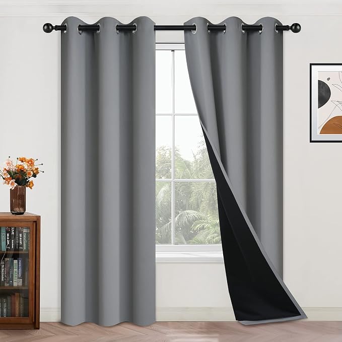 Yakamok 84 Inch Length 100% Blackout Curtains for Bedroom, 2 Thick Layers Thermal Insulated Grommet Total Blackout Drapes with Black Liner for Living Room (42Wx84L,Grey, 2 Panels) | Blackout Curtain Panels for Bedroom, 2 Thick Layers Grommet Top Therma...