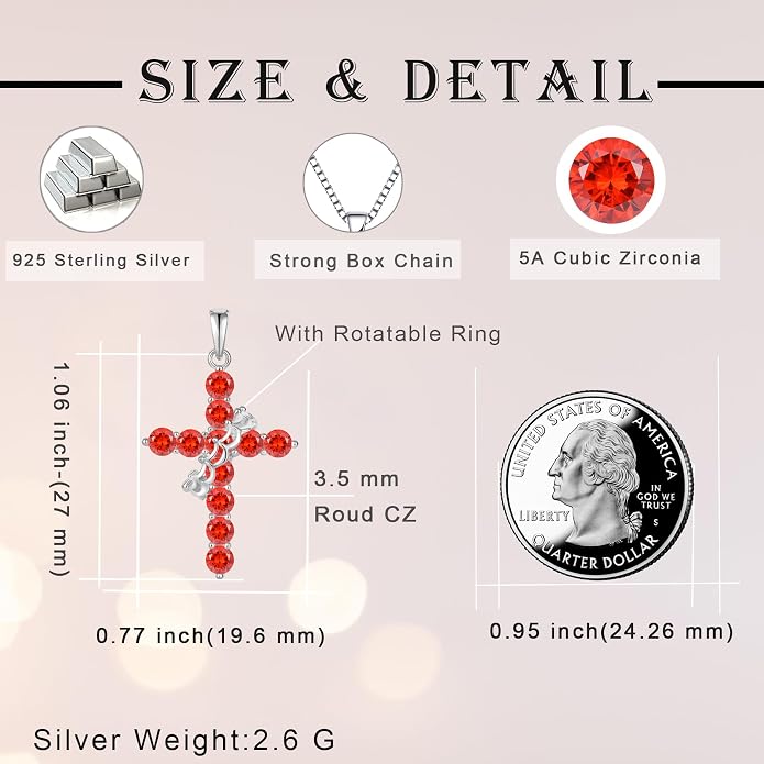 Rotated Crown Cross Necklaces for Women, 925 Sterling Silver Round Cut Zircon Neckalce Pendant With Ring Birthstones Jewelry for Her