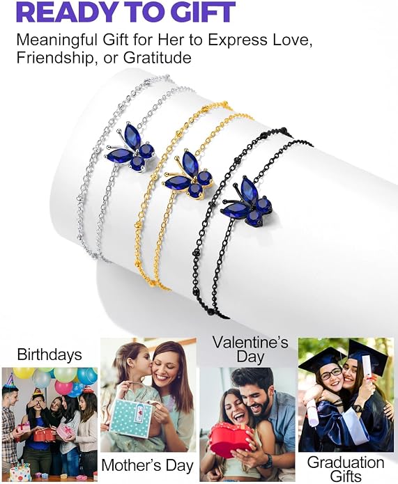 Richsteel Double Layer Heart/Butterfly Birthstone Anklet for Women Non Tarnish Waterproof, Silver/Gold/Black Stainless Steel 8.5-10.5 Inch Adjustable Chain Anklets Jewelry Gifts for Her