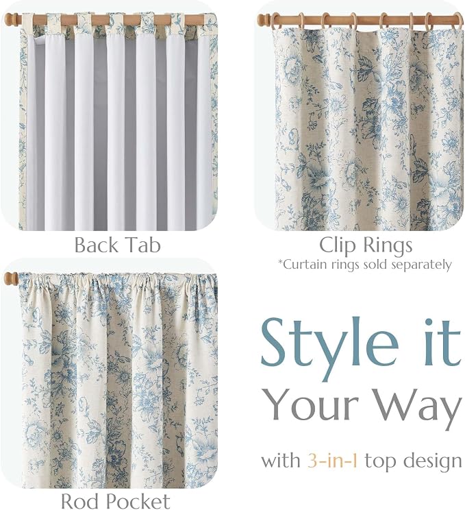 jinchan Blue Floral Linen Blackout Curtains Lined 63 Inch Back Tab 2 Panels | Blackout lining, room darkening drapes, farmhouse, vintage, cottagecore, rustic, bedroom, living room, window treatment