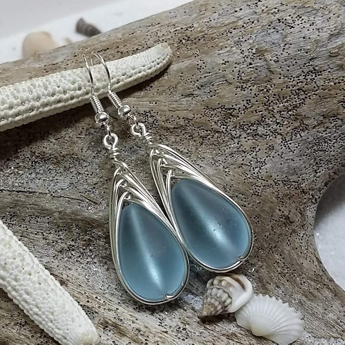 Handmade Sea Glass Earrings, Hawaiian Jewelry, Wire Braided Earrings Teardrop Earrings, Beach Jewelry Sea Glass Jewelry For Women Birthday Gift
