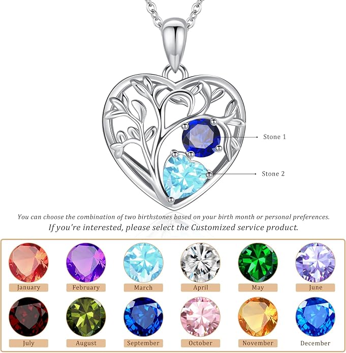 Tree of Life Birthstone Necklace Birthday Gifts 925 Sterling Silver Heart Pendant Birthstone Necklaces for Women Personalized 2 Gemstone Anniversary Graduation Gifts for Her Wife Mom