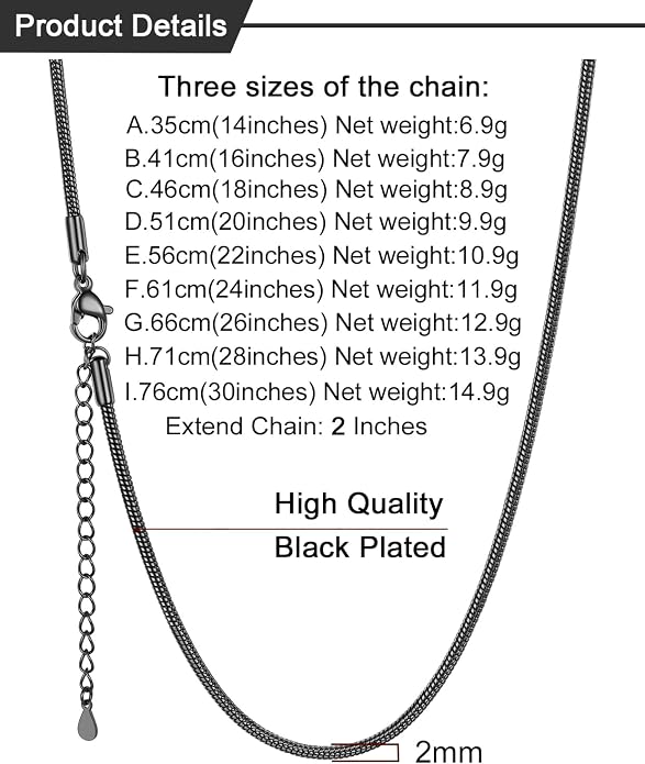 U7 Snake Necklace for Women 14K Gold Plated/Silver/Rose Gold/Black Chain Necklace Hypoallergenic, Stainless Steel Tiny Snake Chain Necklace 1/1.2/1.5/2MM, 14-30" Adjustable Minimalist Gift