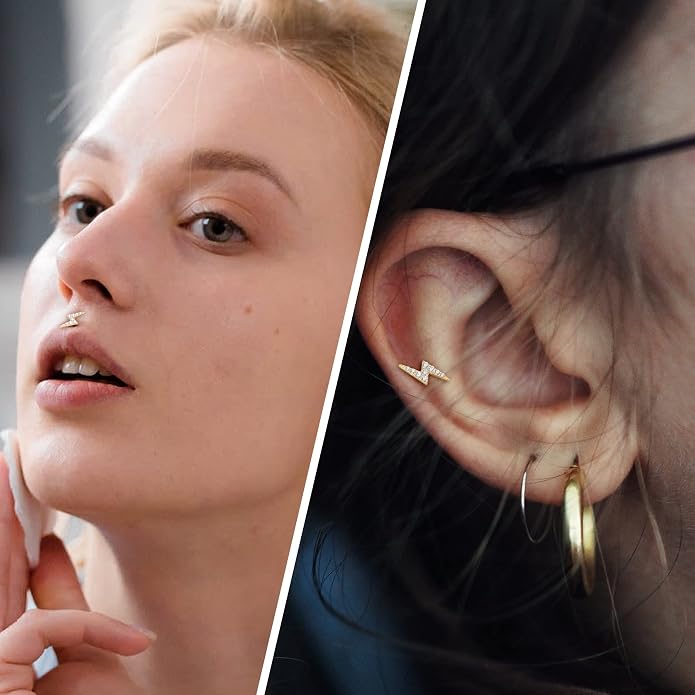 COCHARM 14K Gold Lightning Threadless Helix Cartilage Earrings Stud for Women 16g Push in Cartilage Tragus Piercing 14Kt Gold Flat Back Conch Earrings Fowward Helix Stud