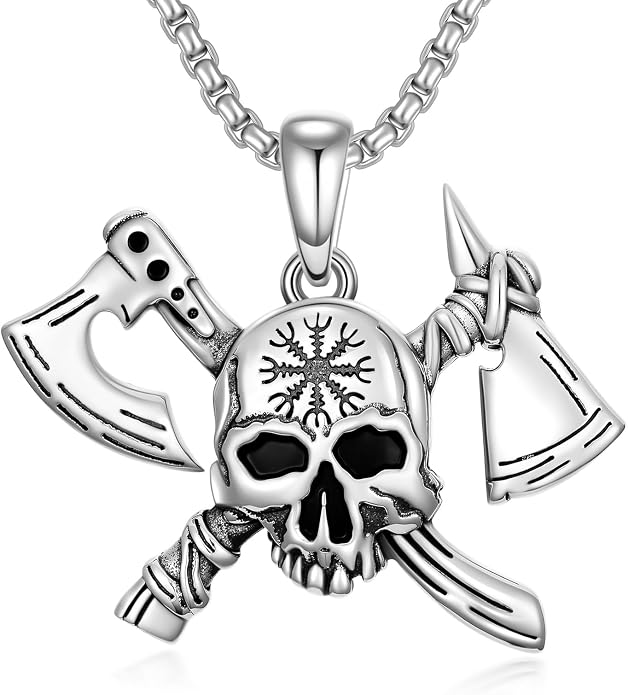 PROESS Viking Axe/Sword/Skull Necklace S925 Sterling Silver Thors Hammer Necklace Amulet Dagger Pendant Norse Viking Rune Jewelry Gifts for Men Women