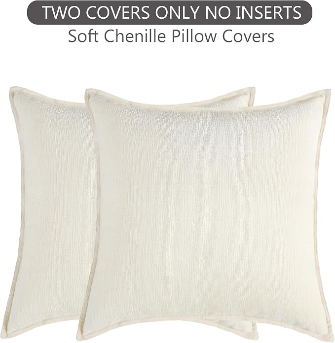 Stellhome Pack of 2, Soft Chenille Soild Throw Pillow Covers Accent Cushion Case Boho Farmhouse Neutral Decorative Pillowcase for Couch Sofa Bedroom Living Room Home Decor 16 x 16 Inch, Cream White