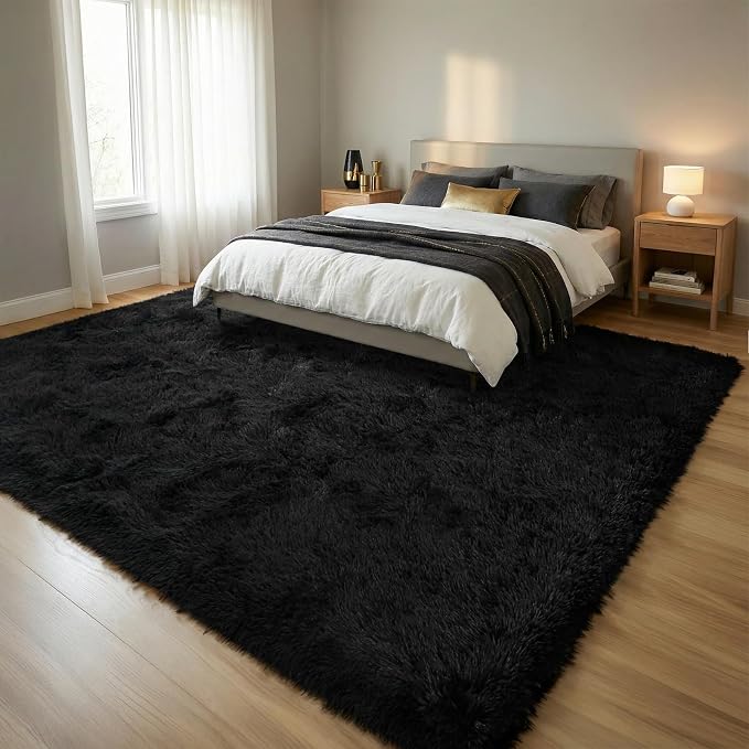 Fluffy Rugs for Living Room: Black Soft Shag Rug for Bedroom, Large Fuzzy Plush Indoor Carpet Non Slip Modern Rug for Nursery Kids Room Dorms Office Home Decor, 9x11 Feet
