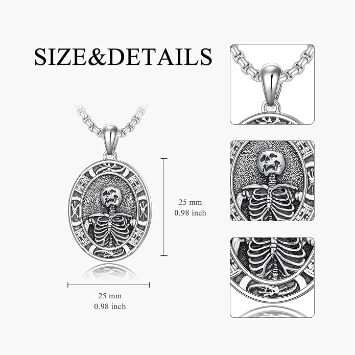 Skull/Skeleton Memento Mori Necklace 925 Sterling Silver Skull/Skeleton Pendant Hourglass Necklace Skull/Skeleton Jewelry for Men Women
