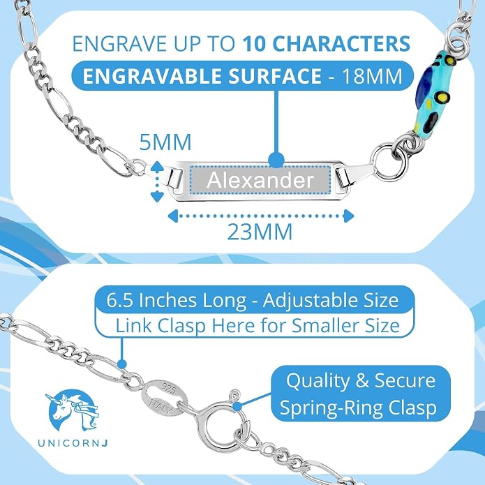 UNICORNJ 925 Italy Sterling Silver Child or Baby Name Bracelet Girls Boys, Personalized Engraved Kids ID Bracelets, 6.5" Figaro Chain, Enamel Charm Newborn Infant Toddler Kid Jewelry