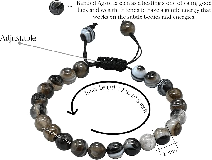 Amazing Gemstone Black Hakik Banded Bracelet for Women Men's Gifts - Protection Healing Crystal Bracelet - 8mm Gemstone Beaded Adjustable Bracelet Pulseras para Hombres Mujer Stocking Stuffers