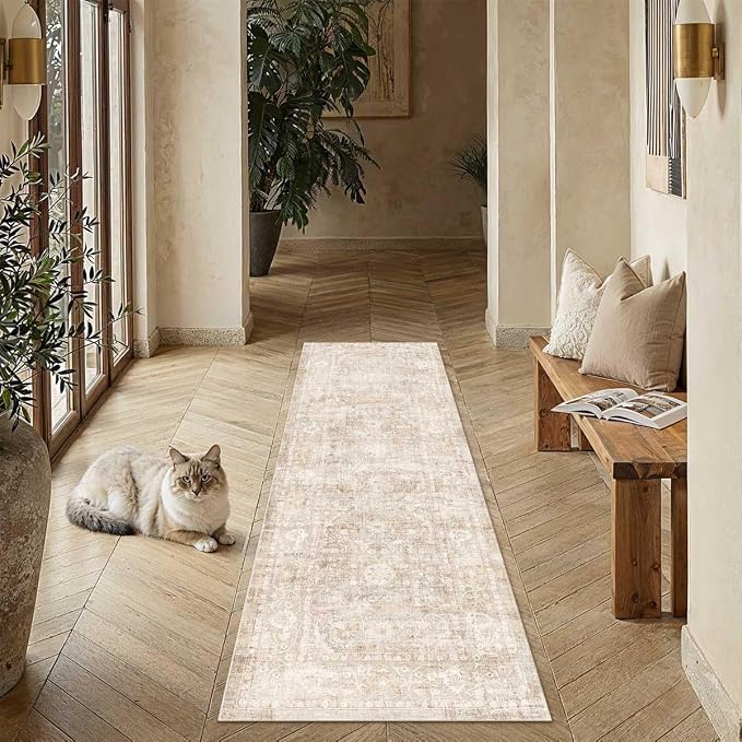 2'6x10 Beige Washable Runner Rug for Kitchen Hallway Neutral Soft Non Slip Rug Low Pile Vintage Distressed Carpet for Bathroom Bedroom Indoor Nursery