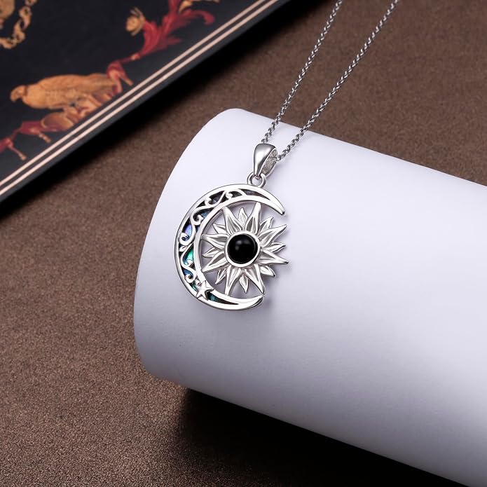 925 Sterling Silver Sun and Moon Necklace Abalone Shell Crescent Moon Sun Pendant Necklace Gemstone Jewelry Birthday Gifts for Women