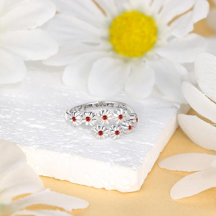 Dainty Daisy Ring for Women, S925 Sterling Silver Cubic Zirconia Sunflower Flower Ring For Daughter, I Think Of You Every Daisy Ring, Birthstone Flower Ring
