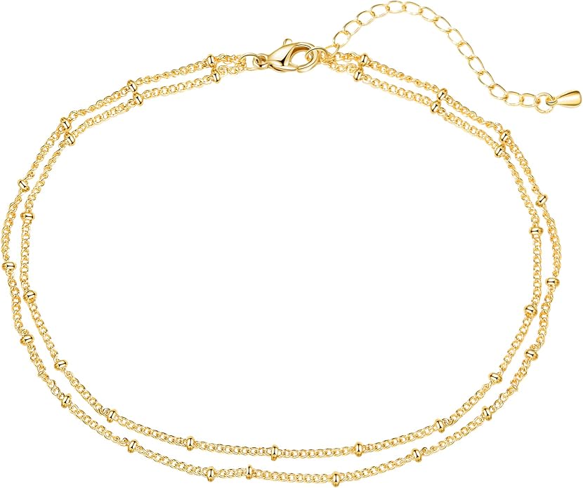 Pencros Dainty Layered Anklet,14K Gold Filled Cute Beads Satellite Chain Heart Boho Adjustable Anklets for Women