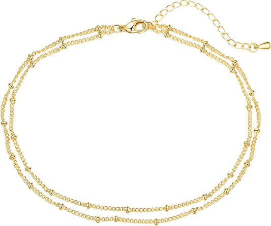 Pencros Dainty Layered Anklet,14K Gold Filled Cute Beads Satellite Chain Heart Boho Adjustable Anklets for Women