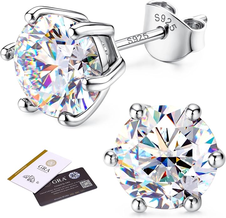 Moissanite Stud Earrings : 18K White Gold Plated Solid 925 Sterling Silver Earring Hypoallergenic Dainty Flat Back Stud Earrings Jewelry for Women Men D Color VVS1 Clarity