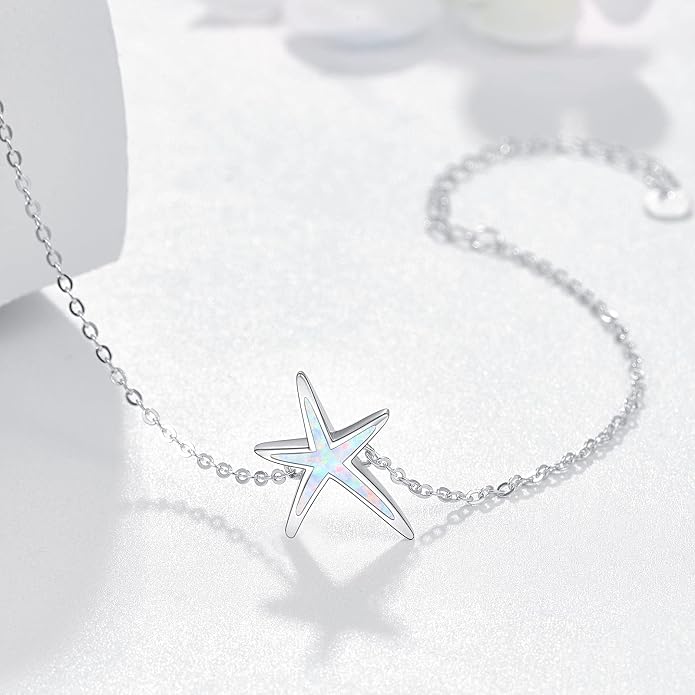 Cuoka Starfish Bracelet 925 Sterling Silver with White Fire Opal Chain Bracelets Ocean Jewelry Birthday For Women