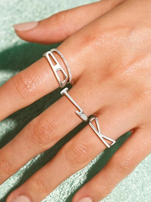 SILVERCUTE 925 Sterling Silver Initial Rings for Women,Adjustable Capital Letter Ring Hypoallergenic,Minimalist 925 Silver Rings for Mother Daughter