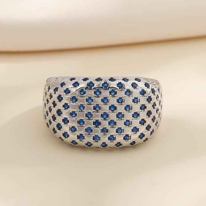 Bold Architectural Ring with Blue Zirconia, 925 Sterling Silver White Gold Plated Chunky Wide Eternity Band, Brutalist Statement Ring for Women, Maximalist Jewelry Gift