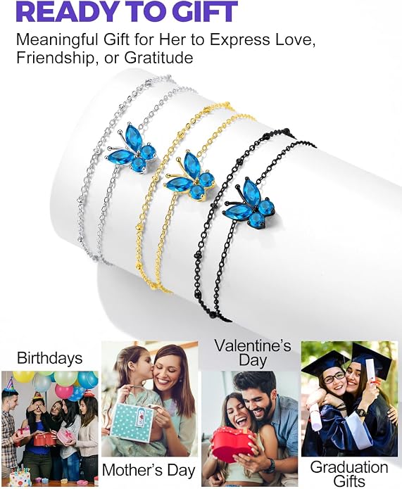 Richsteel Double Layer Heart/Butterfly Birthstone Anklet for Women Non Tarnish Waterproof, Silver/Gold/Black Stainless Steel 8.5-10.5 Inch Adjustable Chain Anklets Jewelry Gifts for Her