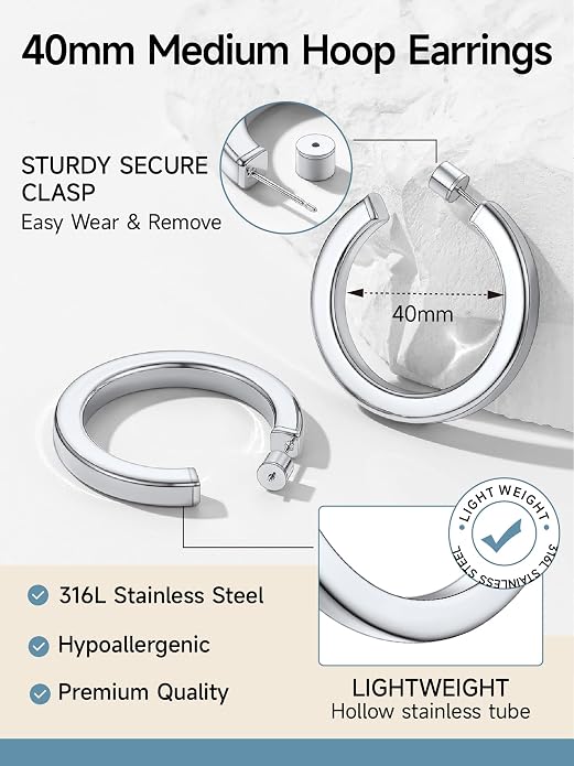 Stainless Steel Chunky Hoop Earrings For Women, Minimalist and Chic, Black/Gold Plated, Round Hoops Earrings Hypoallergenic, Size: 30mm/40mm/60mm/80mm, Come with Box
