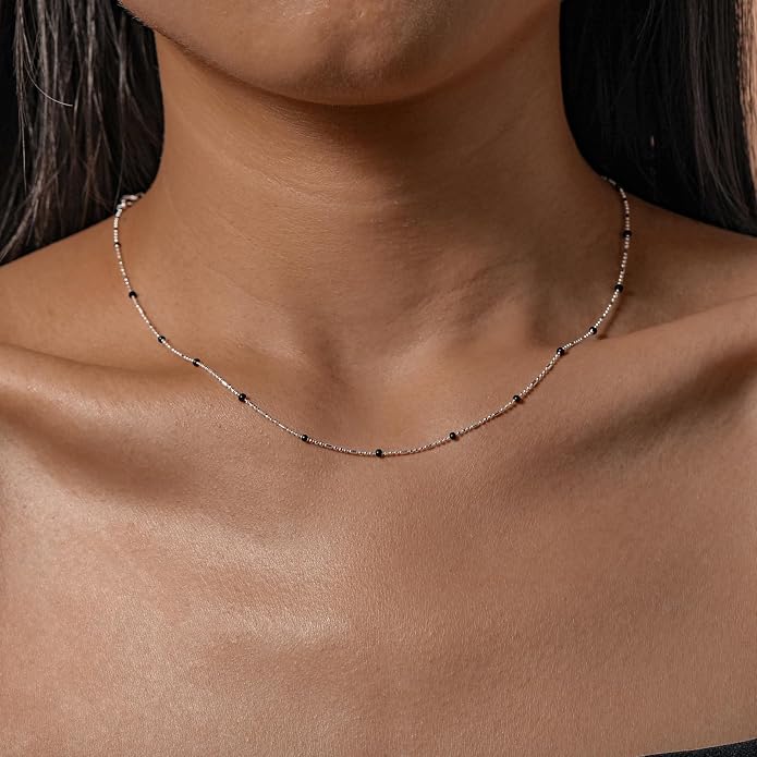 Beaded Necklaces for Women S925 Sterling Silver Colorful Bead Necklace Rainbow Simple Chain Choker Hypoallergenic Necklace Bohemian Beaded Necklaces Unique Birthday Wedding Graduation Jewelry Gifts for Women