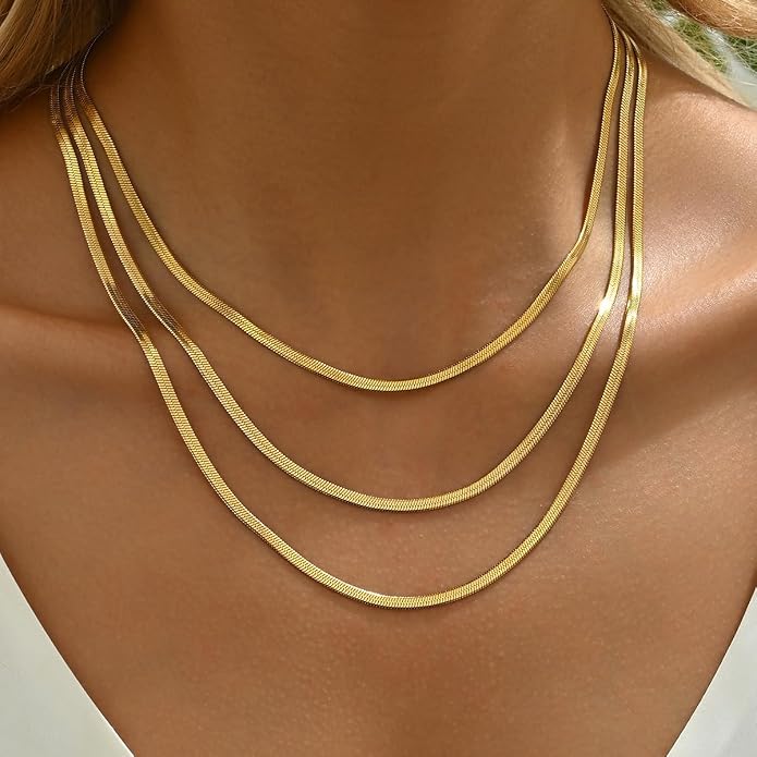18K Gold Plated Layered Herringbone Necklaces for Women Dainty Layering Beaded Snake Chain Choker Moon Coin Pendant Necklace Trendy Stainless Steel Jewelry