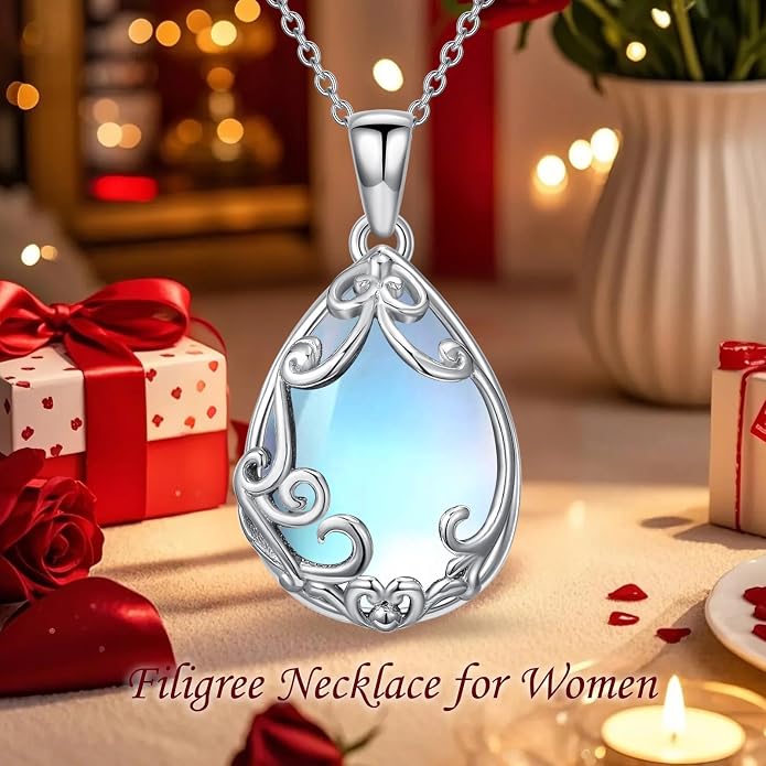 HPQQ Teardrop Necklace 925 Sterling Silver Filigree Gemstone Pendant Necklace Fine Jewelry Birthday Mother's Day Gifts for Women Her Mom