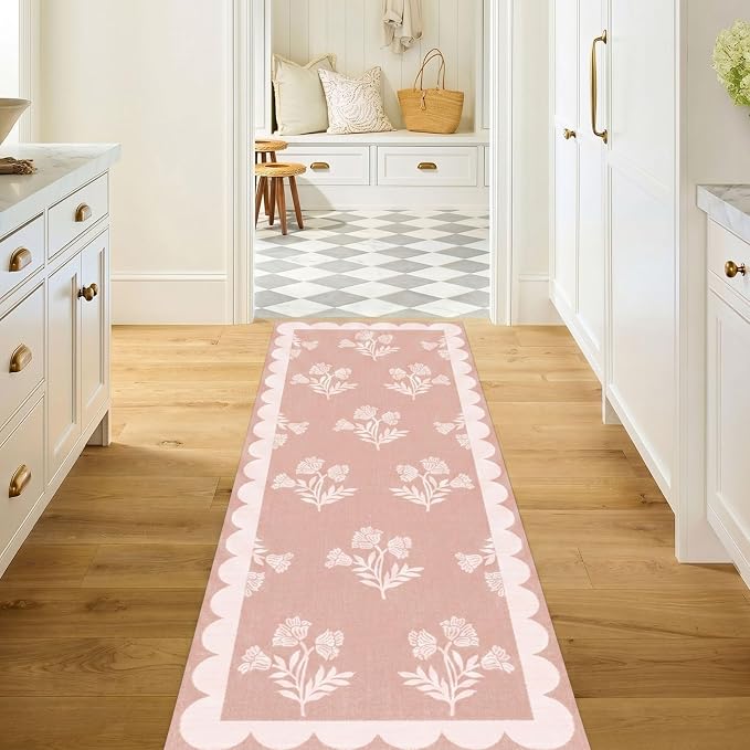Non Slip Washable Kitchen Runner Rug - 2x6 Pastel Pink Floral Hallway Runner Rugs Soft Boho Runners for Hallways Preppy Scalloped Laundry Room Rug Floor Rugs for Bedroom Entryway Bathroom
