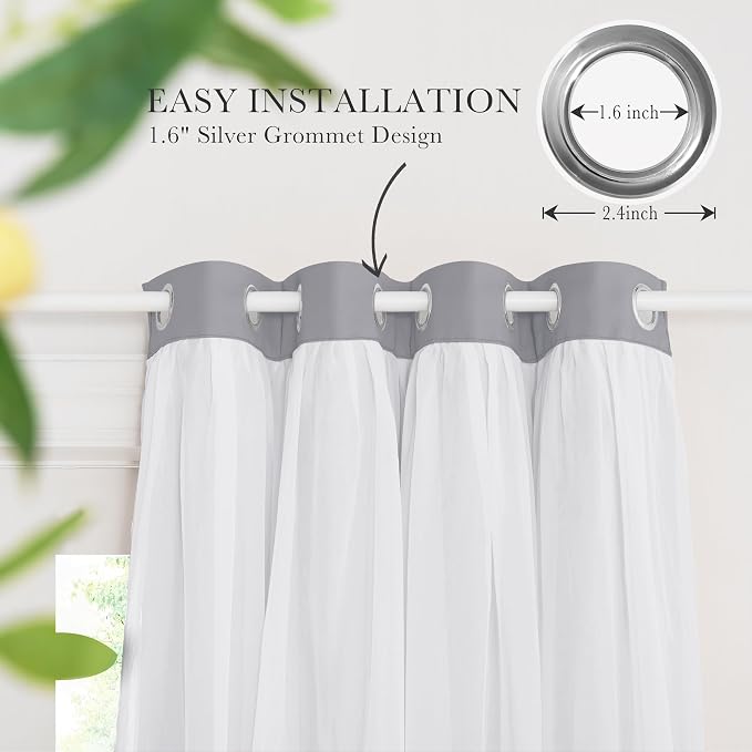 PONY DANCE Living Room Blackout Curtains - White Sheer Curtains with Light Block Drapes Window Elegant Decor, 52" Wide per Piece, 95 inches Long, Silver Grey, 2 PCs