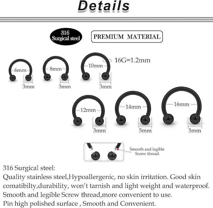 20G-00G Septum Rings Ear Gauges Earrings Stretching Kit 316L Surgical Steel Horseshoe Septum Pa Piercing Jewelry for Women 10mm 12mm 14mm 16mm