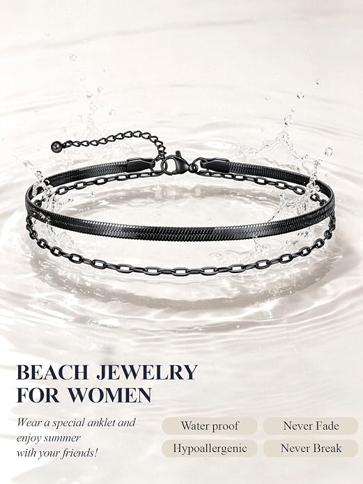 U7 Silver/Gold Ankle Bracelets for Women Layered Chain Anklets Stainless Steel Waterproof Summer Beach Anklet Cham, Adjustable 8.5"-10.5"
