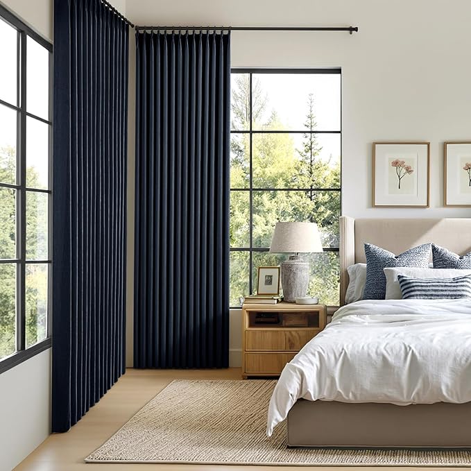 MIULEE Navy Blue Pinch Pleated 100% Blackout Linen Curtains for Bedroom, Room Darkening Memory Trained Light Blocking Window Curtains 90 inches Long for Living Room, Black Out Pleat Drapes, 2 Panels