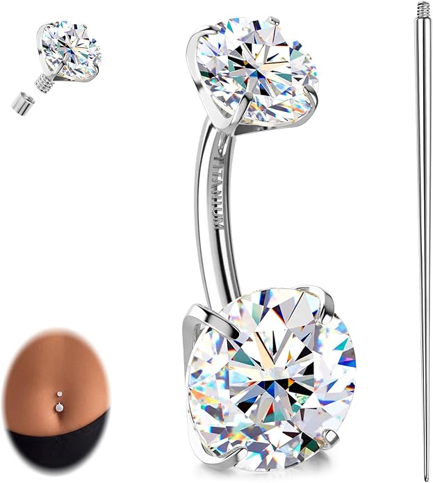 GEMQUEEN Moissanite ＆ G23 TItanium Belly Button Ring 18K Gold Plated Hypoallergenic Internally Threaded Belly Rings 14G Navel Piercing Jewelry For Women Men D Color VVS1 Clarity Brilliant Cut