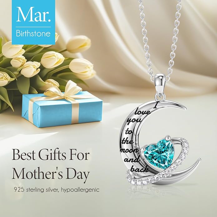 Distance I Love You to The Moon and Back Necklace for Women, S925 Sterling Silver Forever Love Heart Birthstone Necklace, Anniversary Birthday Jewelry for Wife Lover