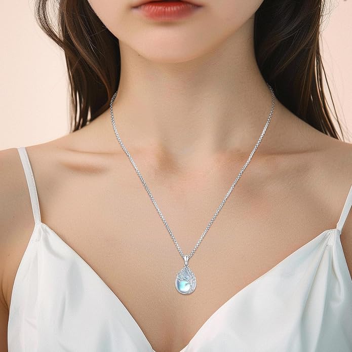 Sterling Silver Tree of Life Necklace for Women Oval Family Tree Necklace Abalone Shell Moonstone Pendant Mother Day Necklace for Mom Tree of Life Jewelry