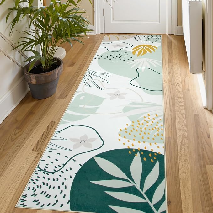 Lahome Green Runner Rugs for Hallway 2x8 Non-Slip Washable Kitchen Rugs Lightweight Low-Pile Throw Laundry Runner Rug, Boho Botanical Print Soft Indoor Carpet Runner for Entryway Bedroom Bathroom