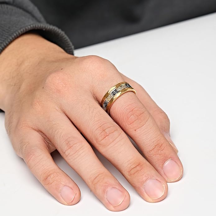 Mens Tungsten Carbide Wedding Bands 8mm Black Hammered Edge Gold Foil Inly Durable Scratch Proof Stainless Steel Cool Promise Ring for Him Comfort Fit