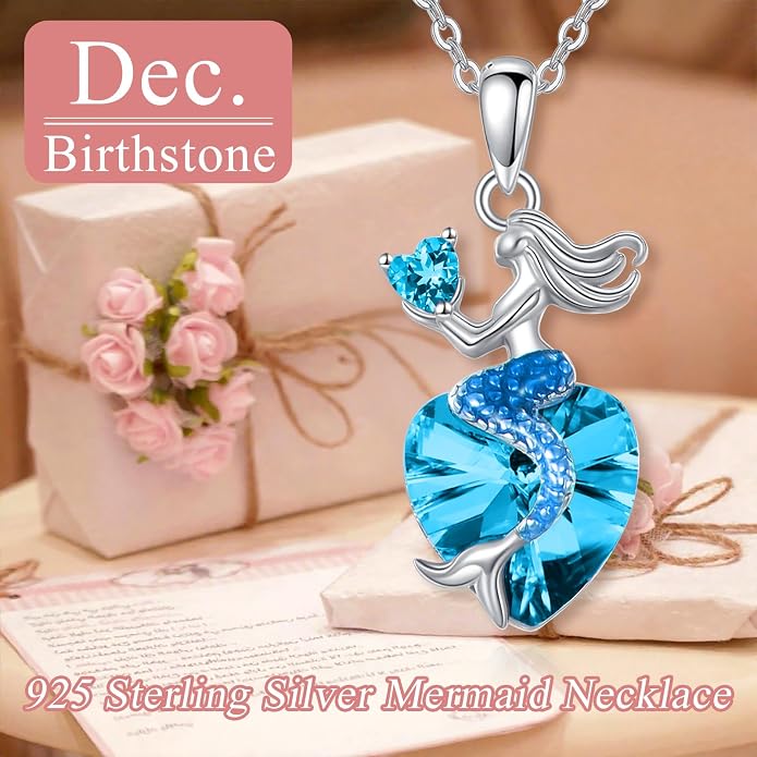 Mermaid Birthstone Necklace for Women 925 Sterling Silver Jewelry Austrian Crystal Pendant Christmas Gifts for Her
