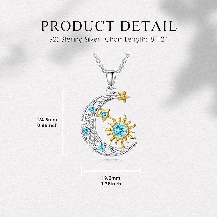 PELOVNY Sun and Moon Necklace for Women 925 Sterling Silver Sun Moon Star Birthstone Pendant Necklaces Birthday Christmas Jewelry Gifts for Mom Daughter Wife Sister